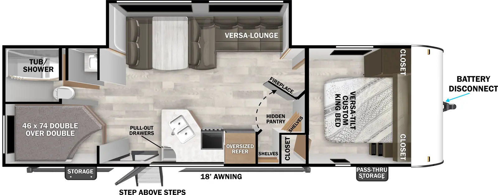 The Cruise Lite 26ICE has one entry and one slide out. Exterior features include: metal exterior and 18' awning. Interiors features include: bunk beds, u-dinette and front bedroom.